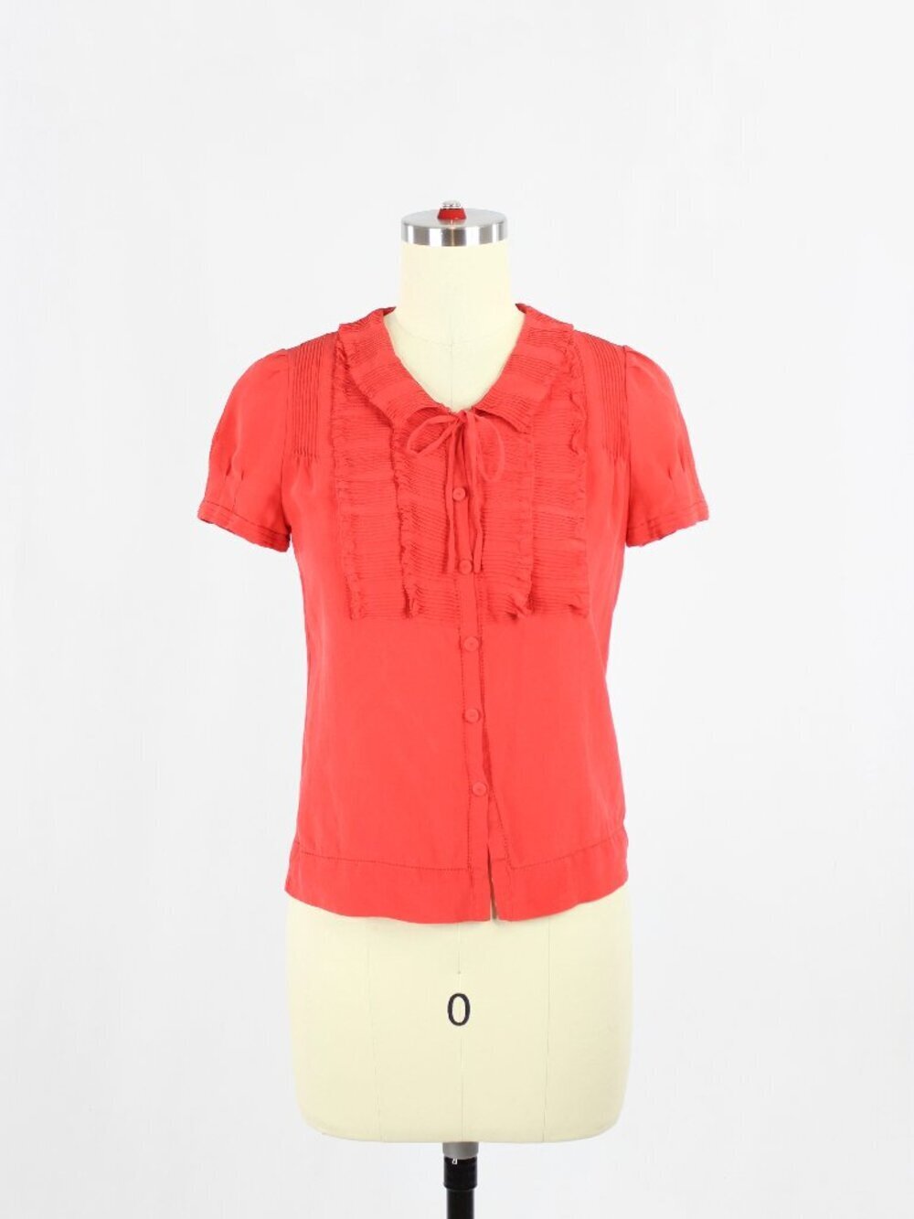 SEE BY CHLOE Coral Red Silk Georgette Ruffle Short Puff Sleeve Blouse, Size 2